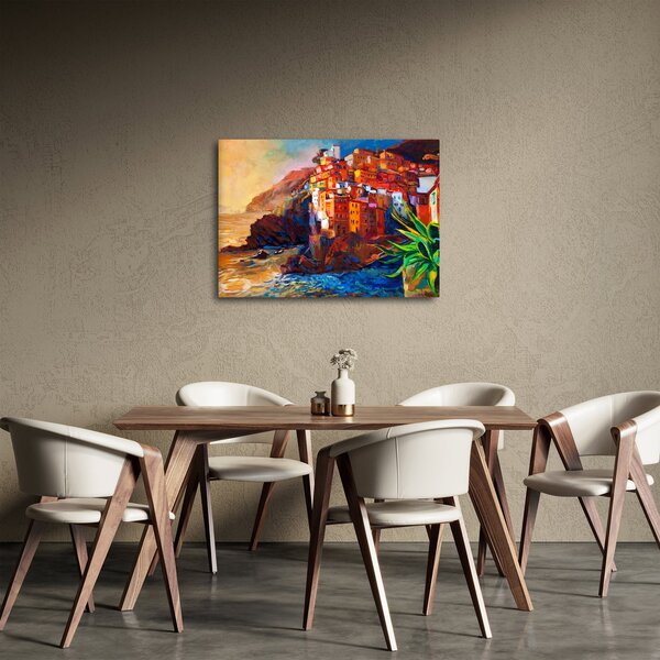 Slika - Vas na obali Cinque Terre, italijanska riviera, moderni impresionizem (70x50 cm)