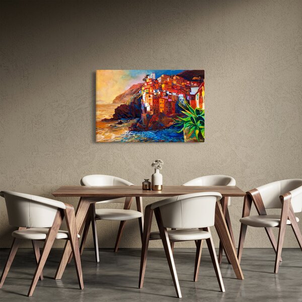 Slika - Vas na obali Cinque Terre, italijanska riviera, moderni impresionizem (90x60 cm)