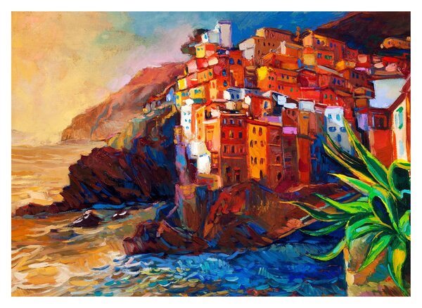 Slika - Vas na obali Cinque Terre, italijanska riviera, moderni impresionizem (70x50 cm)