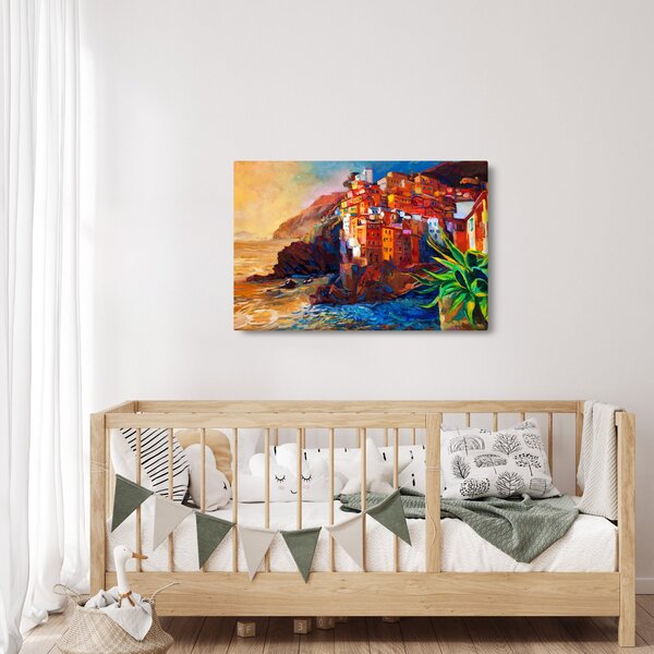 Slika - Vas na obali Cinque Terre, italijanska riviera, moderni impresionizem (90x60 cm)