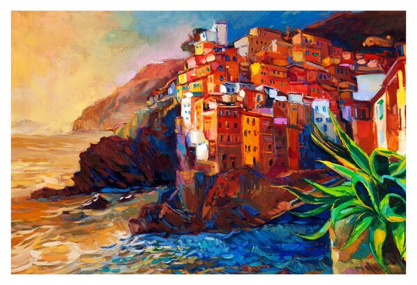 Slika - Vas na obali Cinque Terre, italijanska riviera, moderni impresionizem (90x60 cm)