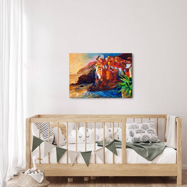 Slika - Vas na obali Cinque Terre, italijanska riviera, moderni impresionizem (70x50 cm)