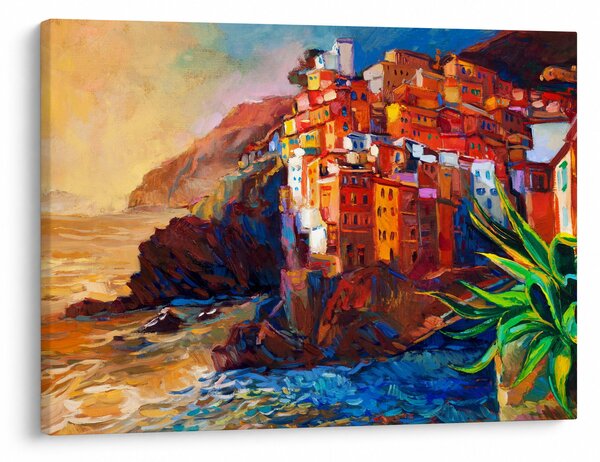Slika - Vas na obali Cinque Terre, italijanska riviera, moderni impresionizem (70x50 cm)