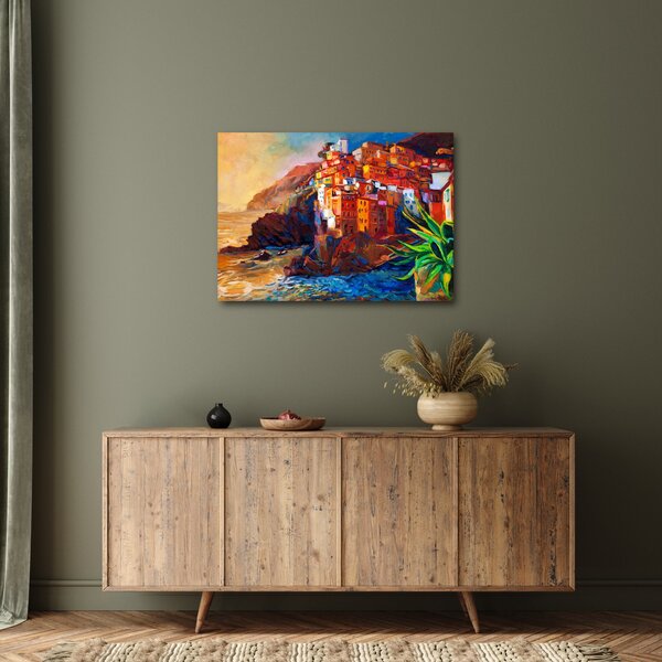 Slika - Vas na obali Cinque Terre, italijanska riviera, moderni impresionizem (70x50 cm)