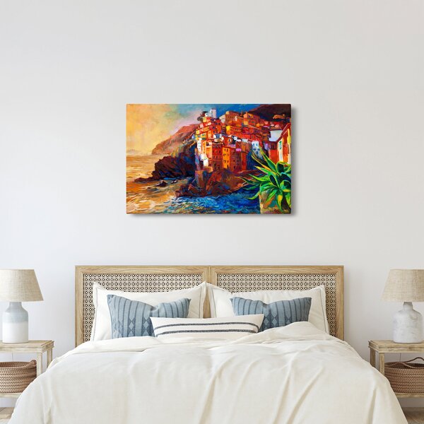 Slika - Vas na obali Cinque Terre, italijanska riviera, moderni impresionizem (90x60 cm)
