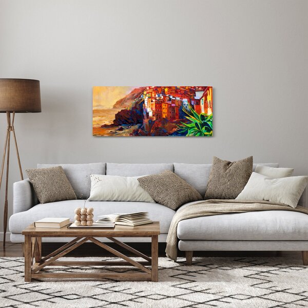 Slika - Vas na obali Cinque Terre, italijanska riviera, moderni impresionizem (120x50 cm)