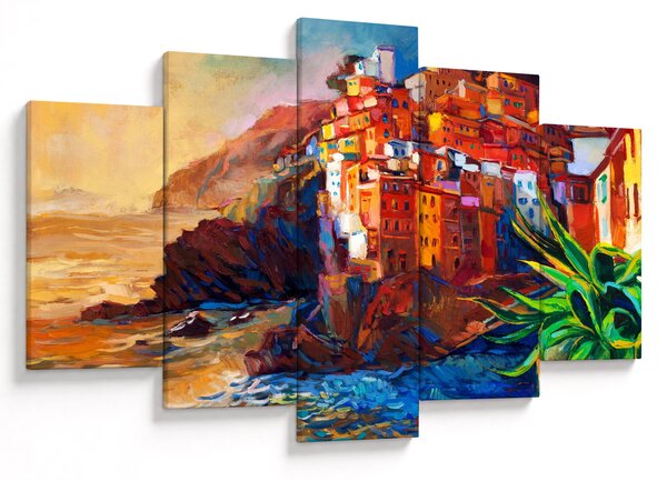 Slika - Vas na obali Cinque Terre, italijanska riviera, moderni impresionizem (150x105 cm)