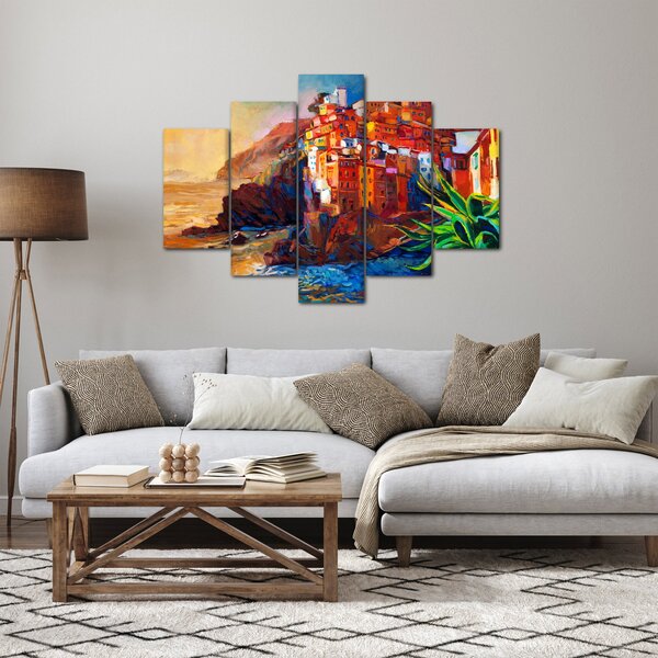 Slika - Vas na obali Cinque Terre, italijanska riviera, moderni impresionizem (150x105 cm)