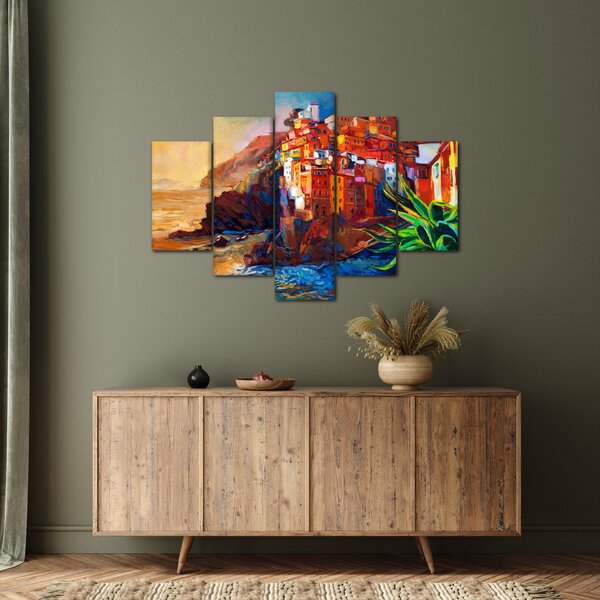 Slika - Vas na obali Cinque Terre, italijanska riviera, moderni impresionizem (150x105 cm)