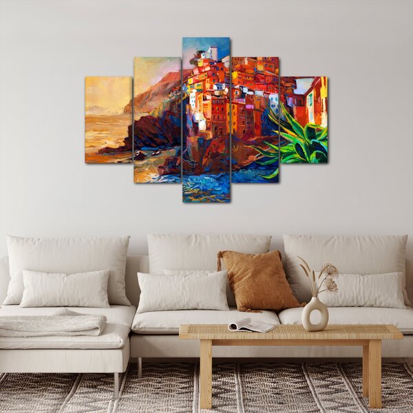 Slika - Vas na obali Cinque Terre, italijanska riviera, moderni impresionizem (150x105 cm)