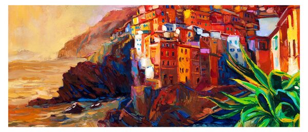 Slika - Vas na obali Cinque Terre, italijanska riviera, moderni impresionizem (120x50 cm)