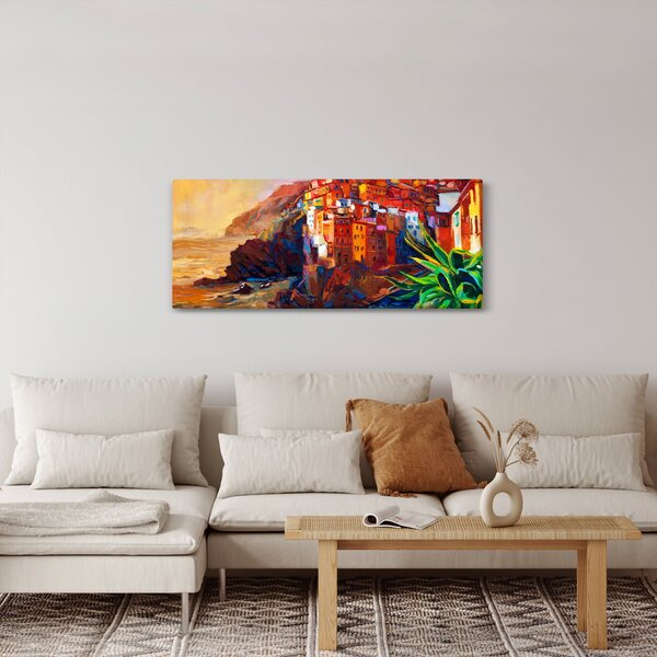 Slika - Vas na obali Cinque Terre, italijanska riviera, moderni impresionizem (120x50 cm)