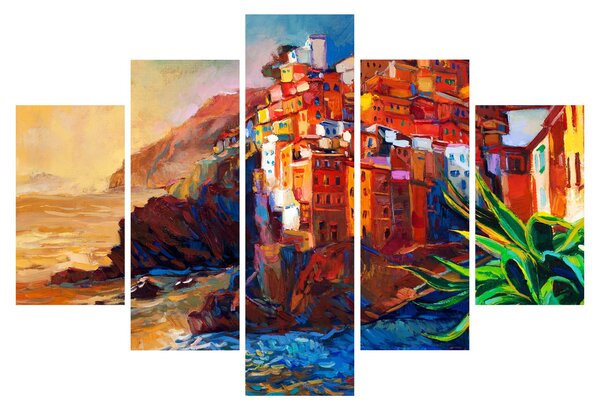 Slika - Vas na obali Cinque Terre, italijanska riviera, moderni impresionizem (150x105 cm)