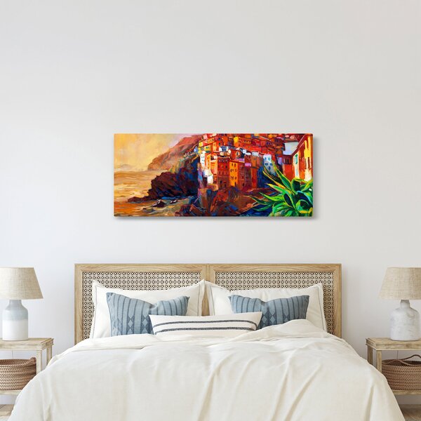 Slika - Vas na obali Cinque Terre, italijanska riviera, moderni impresionizem (120x50 cm)
