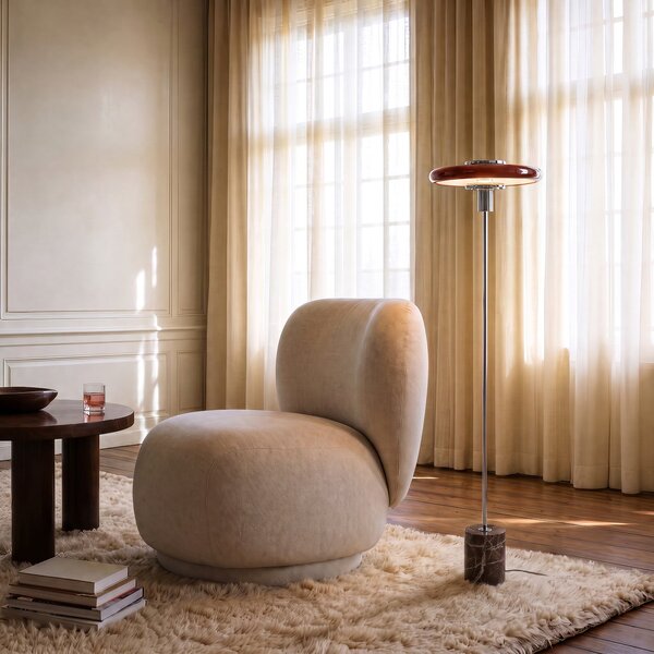 Lindby Branford podna lampa, retro, bordo, metal/mramor, Crvena, Dnevni boravak/blagovaonica, Metal