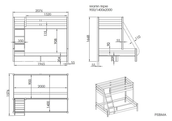 Bijeli dječji krevet na kat od borovine 140x200/90x200 cm Pino Martin – Vipack
