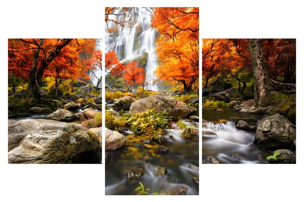 Slika - Slapovi v oranžnem gozdu (90x60 cm)