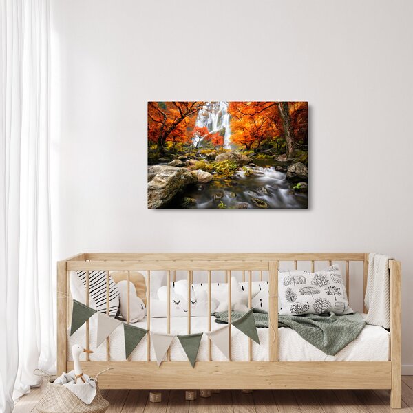 Slika - Slapovi v oranžnem gozdu (90x60 cm)