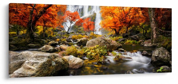 Slika - Slapovi v oranžnem gozdu (120x50 cm)