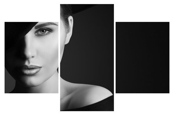 Slika - Črno-beli portret ženske s klobukom (90x60 cm)