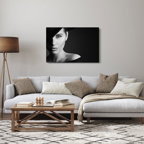 Slika - Črno-beli portret ženske s klobukom (90x60 cm)