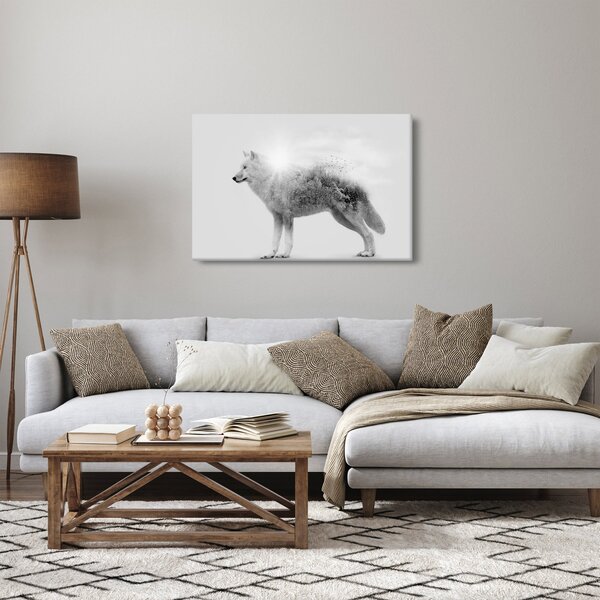 Slika - Arktični volk zrcali divjo pokrajino, črno-belo (90x60 cm)