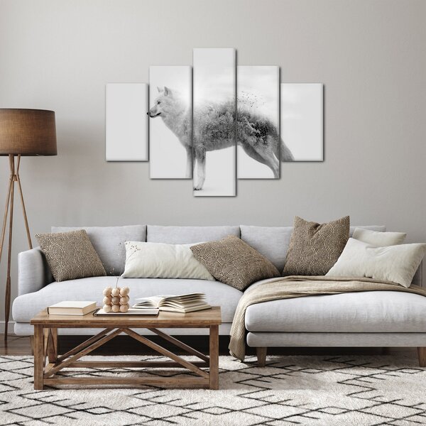 Slika - Arktični volk zrcali divjo pokrajino, črno-belo (150x105 cm)