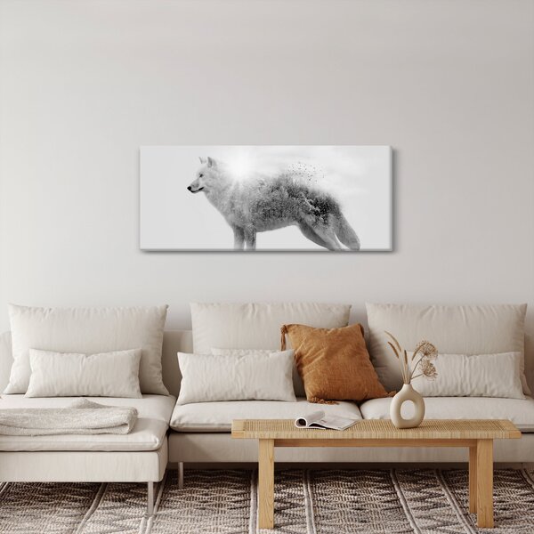 Slika - Arktični volk zrcali divjo pokrajino, črno-belo (120x50 cm)