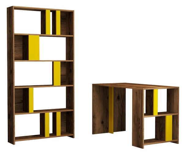 Studijski stol i policu za knjige, Lima - Walnut, Yellow