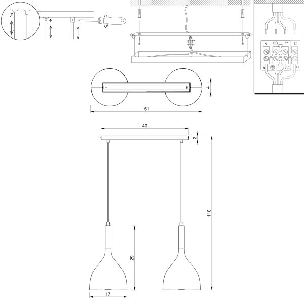 Luster na sajli NOAK 2xE27/15W/230V bijela/zlatna