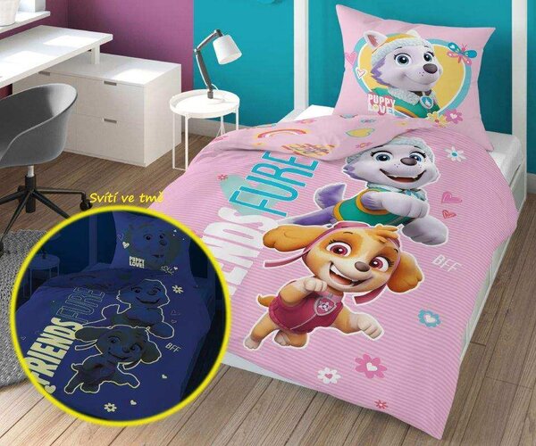 Svjetleća posteljina PAW PATROL Friends furever ružičasta Dimenzije posteljine: 70 x 80 cm | 140 x 200 cm