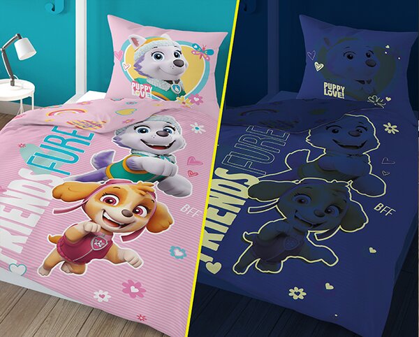 Svjetleća posteljina PAW PATROL Friends furever ružičasta Dimenzije posteljine: 70 x 80 cm | 140 x 200 cm