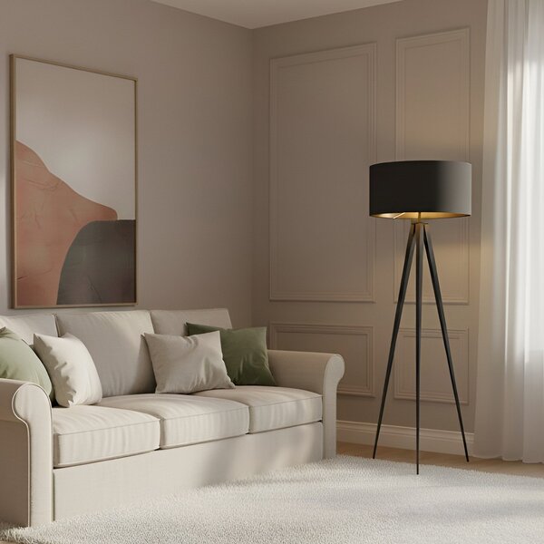 Lindby podna lampa Benik, tronožac, tekstil, crna/zlatna, 153cm, Crno, Dnevni boravak/blagovaonica, Tkanina / tekstil