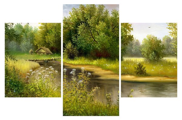 Slika - Reka ob gozdu, oljna slika (90x60 cm)