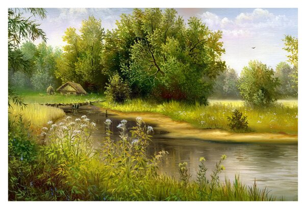 Slika - Reka ob gozdu, oljna slika (90x60 cm)