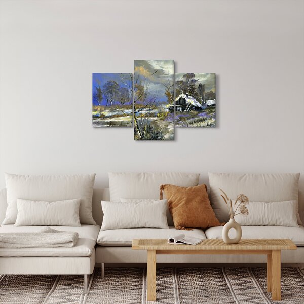 Slika koče v zimski pokrajini, oljna slika (90x60 cm)