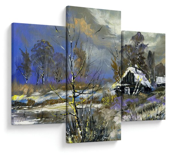 Slika koče v zimski pokrajini, oljna slika (90x60 cm)