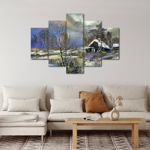 Slika koče v zimski pokrajini, oljna slika (150x105 cm)