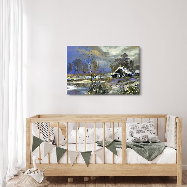 Slika koče v zimski pokrajini, oljna slika (90x60 cm)