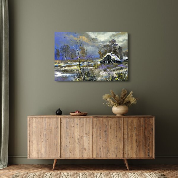 Slika koče v zimski pokrajini, oljna slika (90x60 cm)
