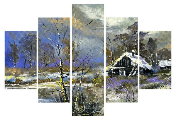 Slika koče v zimski pokrajini, oljna slika (150x105 cm)