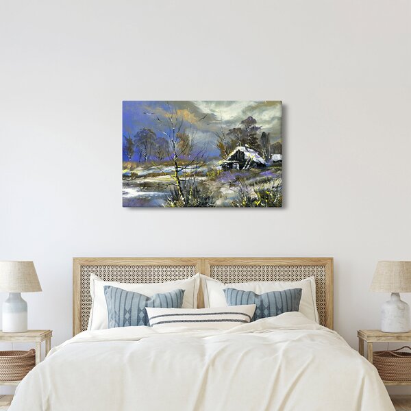 Slika koče v zimski pokrajini, oljna slika (90x60 cm)
