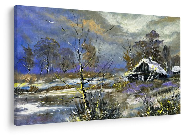 Slika koče v zimski pokrajini, oljna slika (90x60 cm)