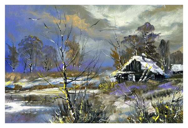 Slika koče v zimski pokrajini, oljna slika (90x60 cm)