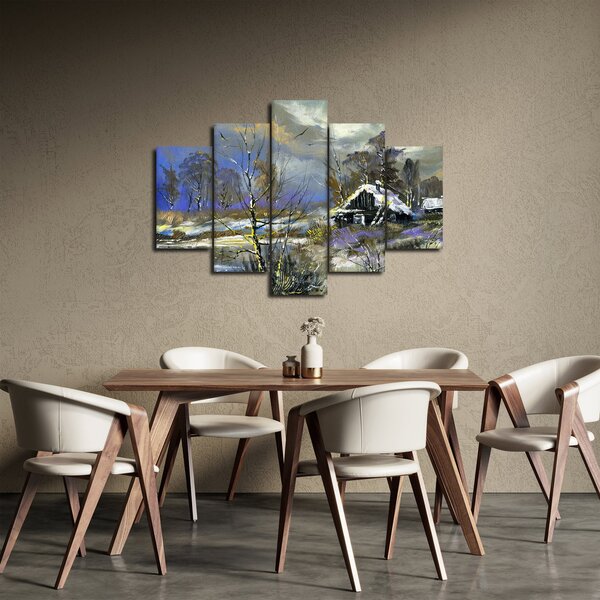 Slika koče v zimski pokrajini, oljna slika (150x105 cm)