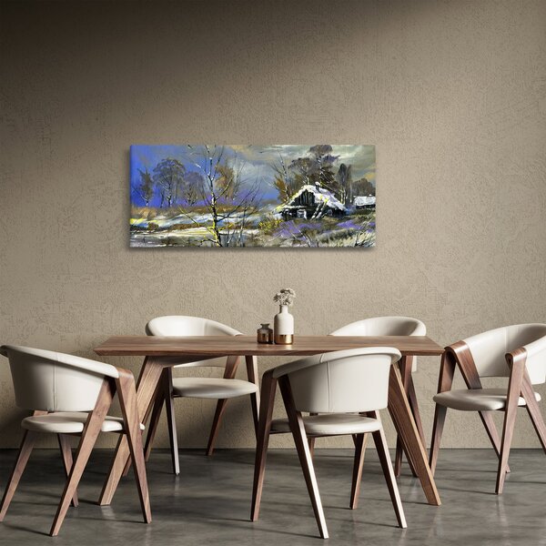 Slika koče v zimski pokrajini, oljna slika (120x50 cm)