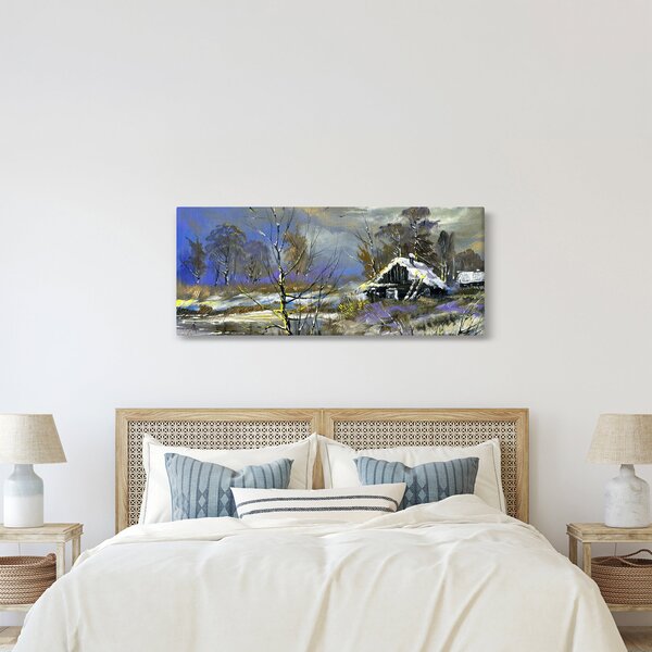 Slika koče v zimski pokrajini, oljna slika (120x50 cm)