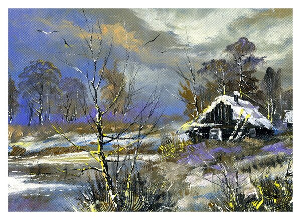 Slika koče v zimski pokrajini, oljna slika (70x50 cm)