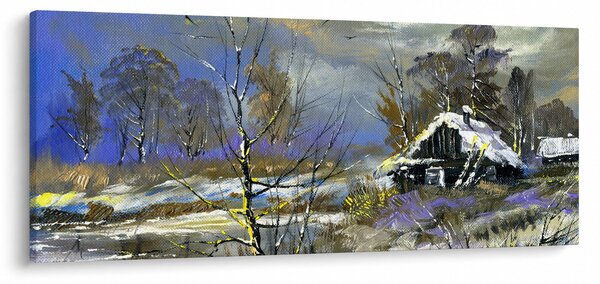Slika koče v zimski pokrajini, oljna slika (120x50 cm)