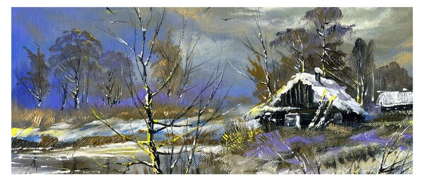 Slika koče v zimski pokrajini, oljna slika (120x50 cm)